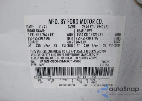 2021 Ford Explorer Xlt z USA, uszkodzony, nr VIN 1FMSK8DH3MGC14586